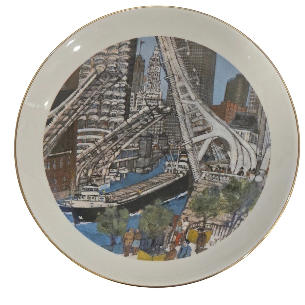 Great Lakes Traffic‎ on the Chicago River Plate by Franklin McMahon 70s Vintage